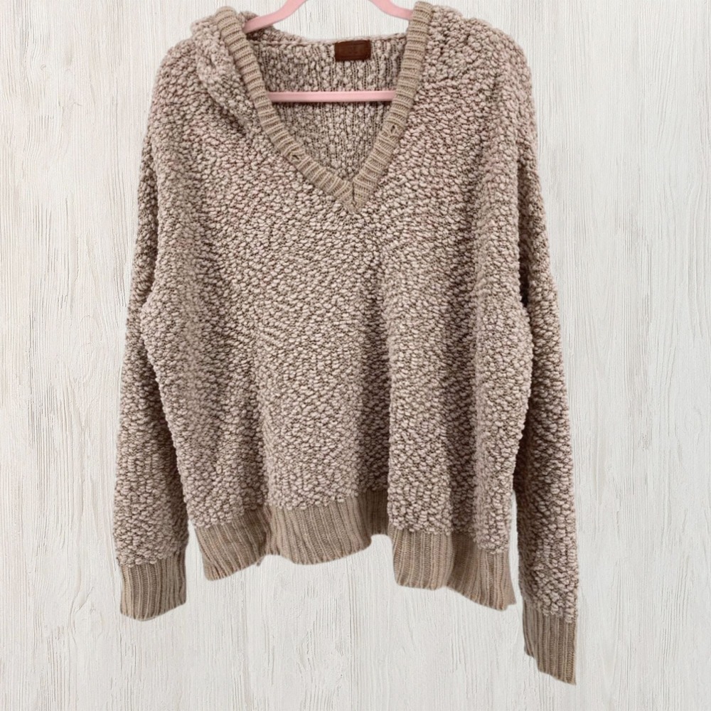 Anthropologie POL Popcorn Knit Sweater Women L Beige Tan Pullover V-Neck Hoodie